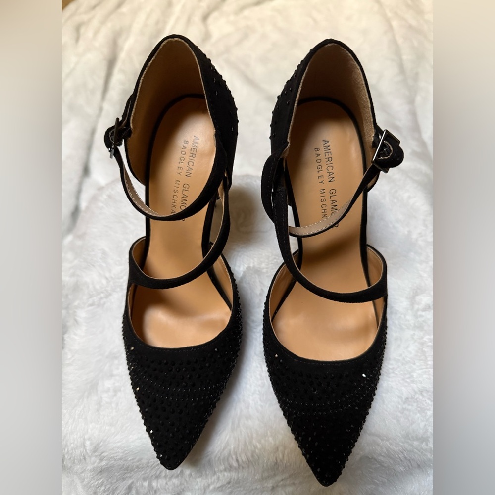 American Glamour by Badgley Mischka Adele Black Heels. Suede with Beading